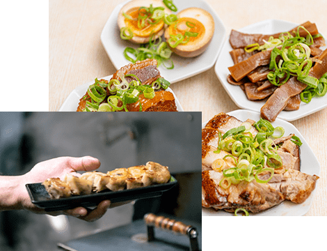 しそ餃子、角煮皿、チャーシュー皿などのこだわり一品料理